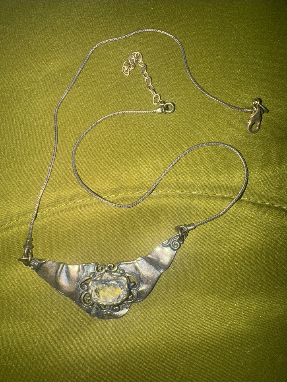 925 Silver Iridescent Stone Crescent Necklace - Picture 3 of 5